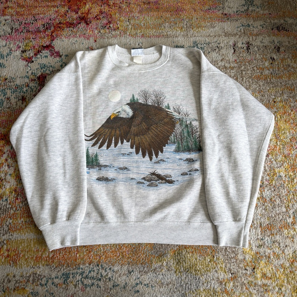 Vintage Bald Eagle Graphic Crewneck Ash Grey Mens L Nature Wildlife